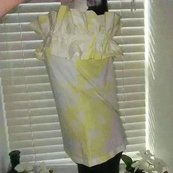 Women's White and Yellow Strapless Super Wide Shoulder Ruffle Top by Man… - Picture 7 of 11